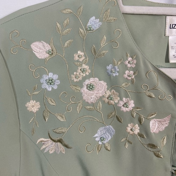 Vintage Liz Baker Green Embroidered Short Sleeve Blouse Button Down Shirt - Picture 7 of 10